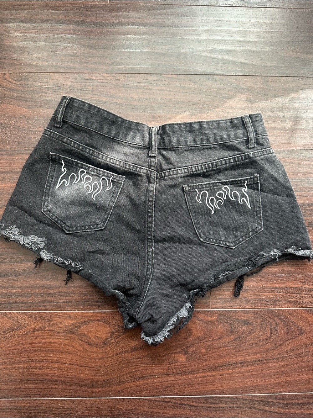 SHEIN Black High-Rise Distressed Denim Shorts with Flame Pocket Stitching